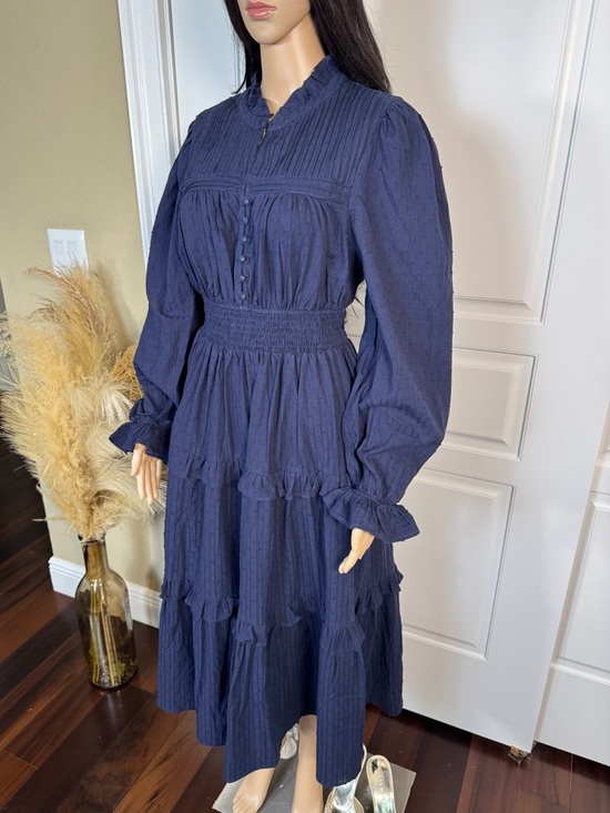 WOMEN’S LONG SLEEVE BUTTON UP ELASTIC WAIST FRONT POCKETS TIERED MIDI DRESS - Picture 9 of 16